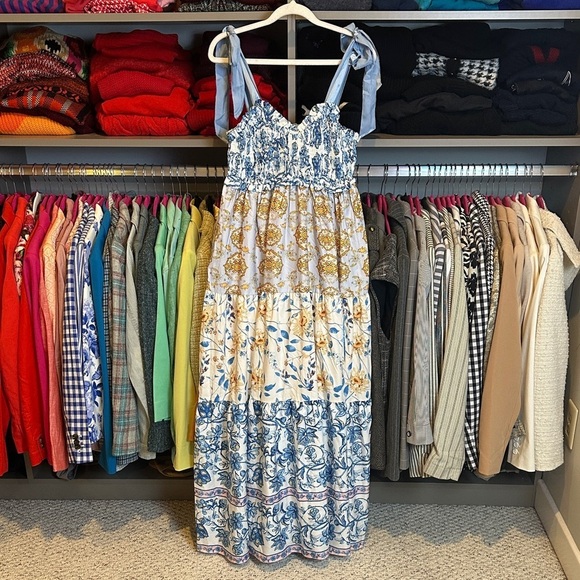 The Unbranded Brand Dresses & Skirts - Unbranded blue/white/yellow print adjustable strap smocked maxi dress size S